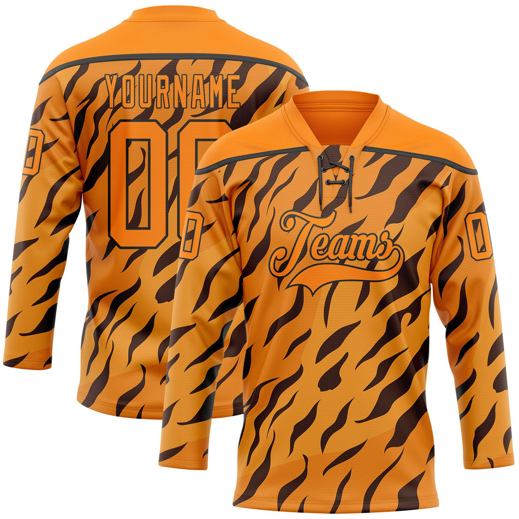 Custom Bay Orange Black 3D Pattern Tiger Print Neon Hockey Lace Neck Jersey
