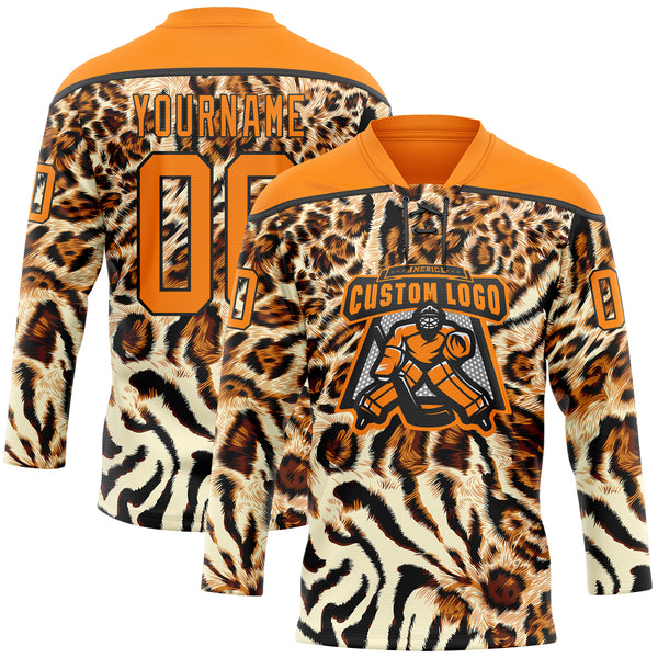 Custom Cream Bay Orange-Black 3D Pattern Leopard Print Neon Hockey Lace Neck Jersey