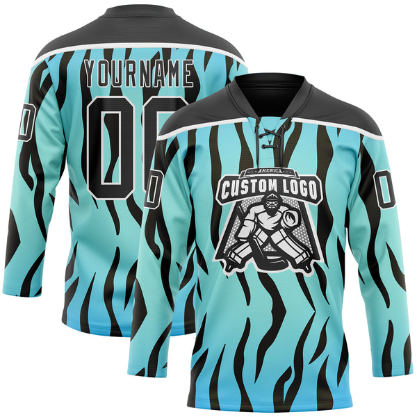 Custom Blue Black-White 3D Pattern Tiger Print Hockey Lace Neck Jersey