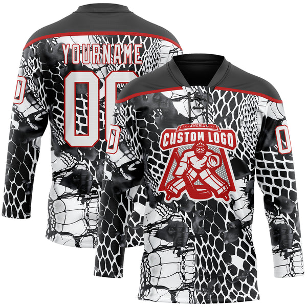 Custom Black White-Red 3D Pattern Snake Skin Print Hockey Lace Neck Jersey