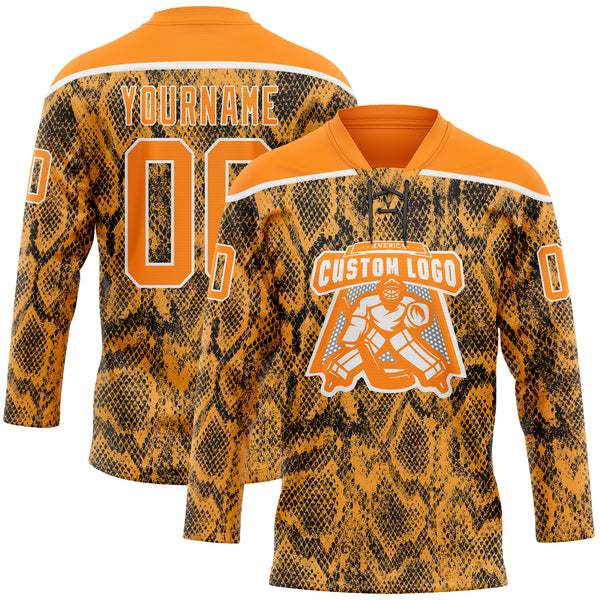 Custom Bay Orange Black-White 3D Pattern Snake Skin Print Hockey Lace Neck Jersey