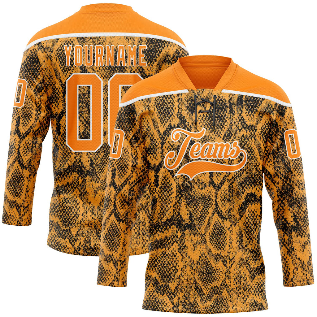 Custom Bay Orange Black-White 3D Pattern Snake Skin Print Hockey Lace Neck Jersey