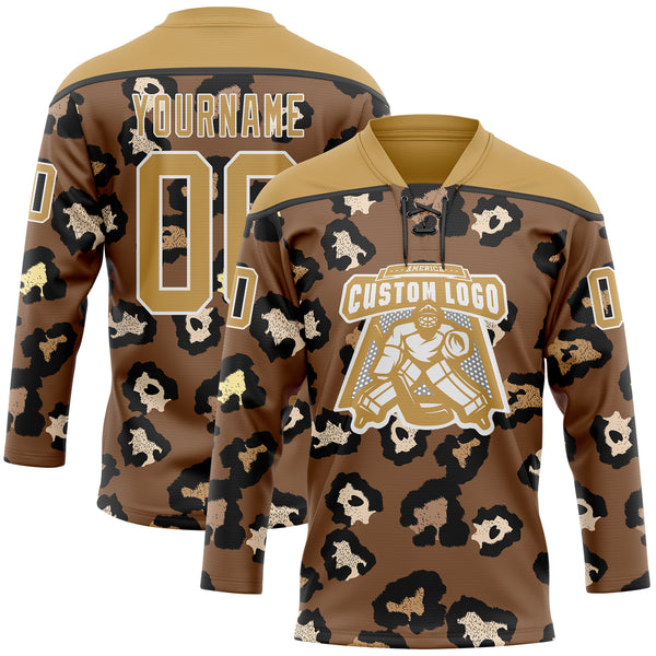 Custom Brown Old Gold Black-White 3D Pattern Leopard Print Hockey Lace Neck Jersey