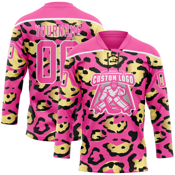 Custom Pink Yellow Black-White 3D Pattern Leopard Print Hockey Lace Neck Jersey