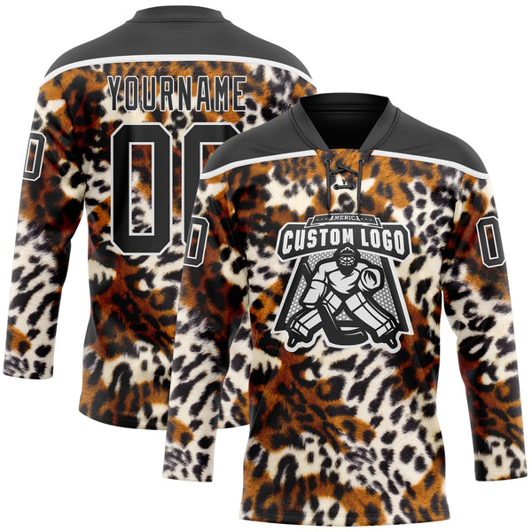 Custom Black Brown Cream-White 3D Pattern Leopard Print Hockey Lace Neck Jersey