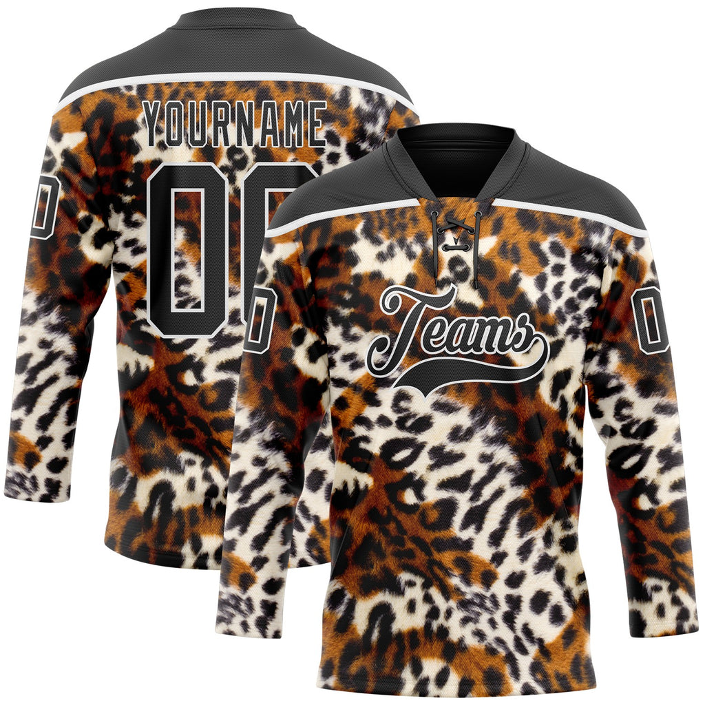 Custom Black Brown Cream-White 3D Pattern Leopard Print Hockey Lace Neck Jersey