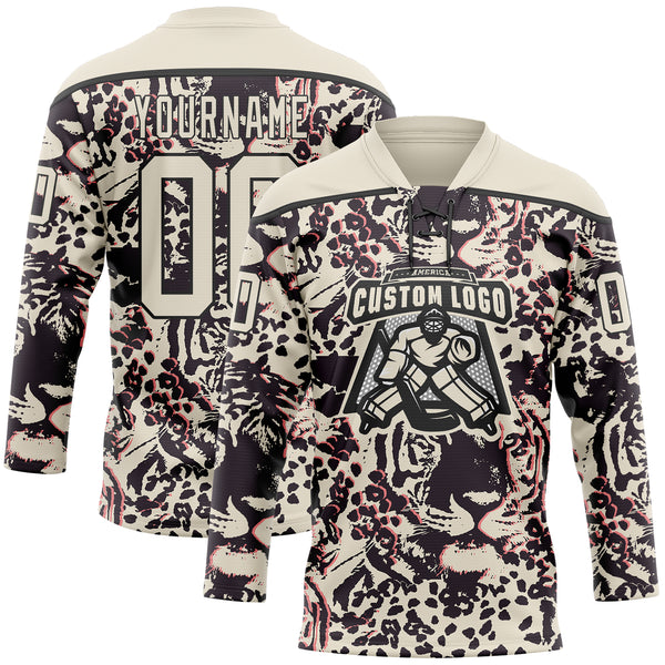 Custom Cream Black-Pink 3D Pattern Tiger Print Hockey Lace Neck Jersey