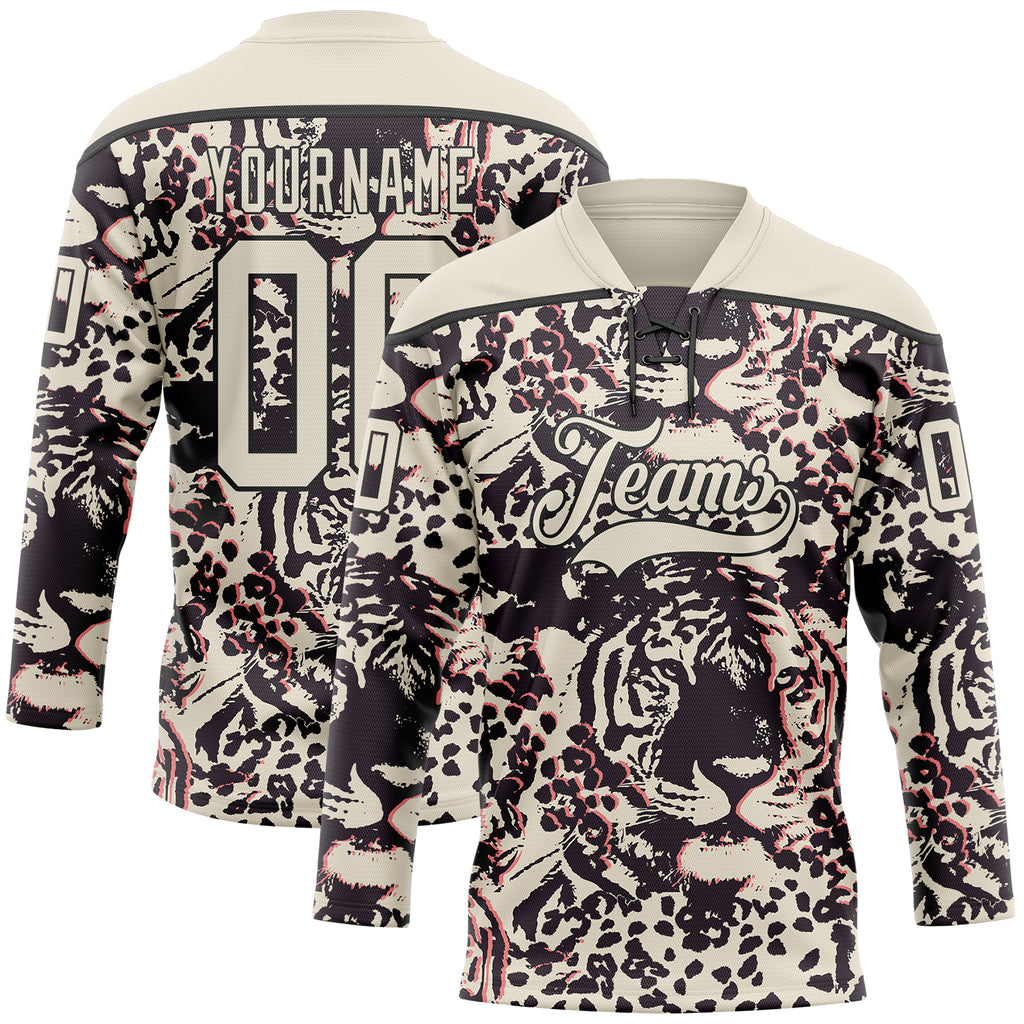 Custom Cream Black-Pink 3D Pattern Tiger Print Hockey Lace Neck Jersey