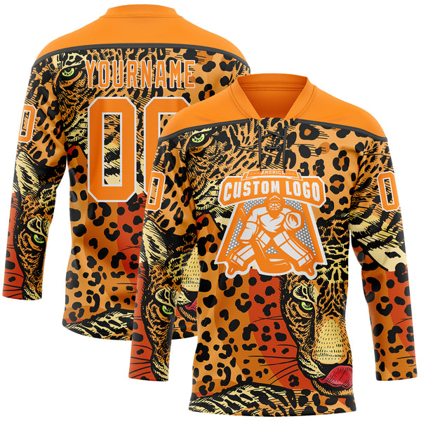 Custom Bay Orange Black-White 3D Pattern Leopard Print Hockey Lace Neck Jersey