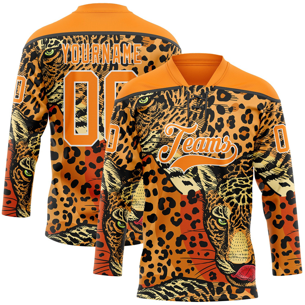 Custom Bay Orange Black-White 3D Pattern Leopard Print Hockey Lace Neck Jersey