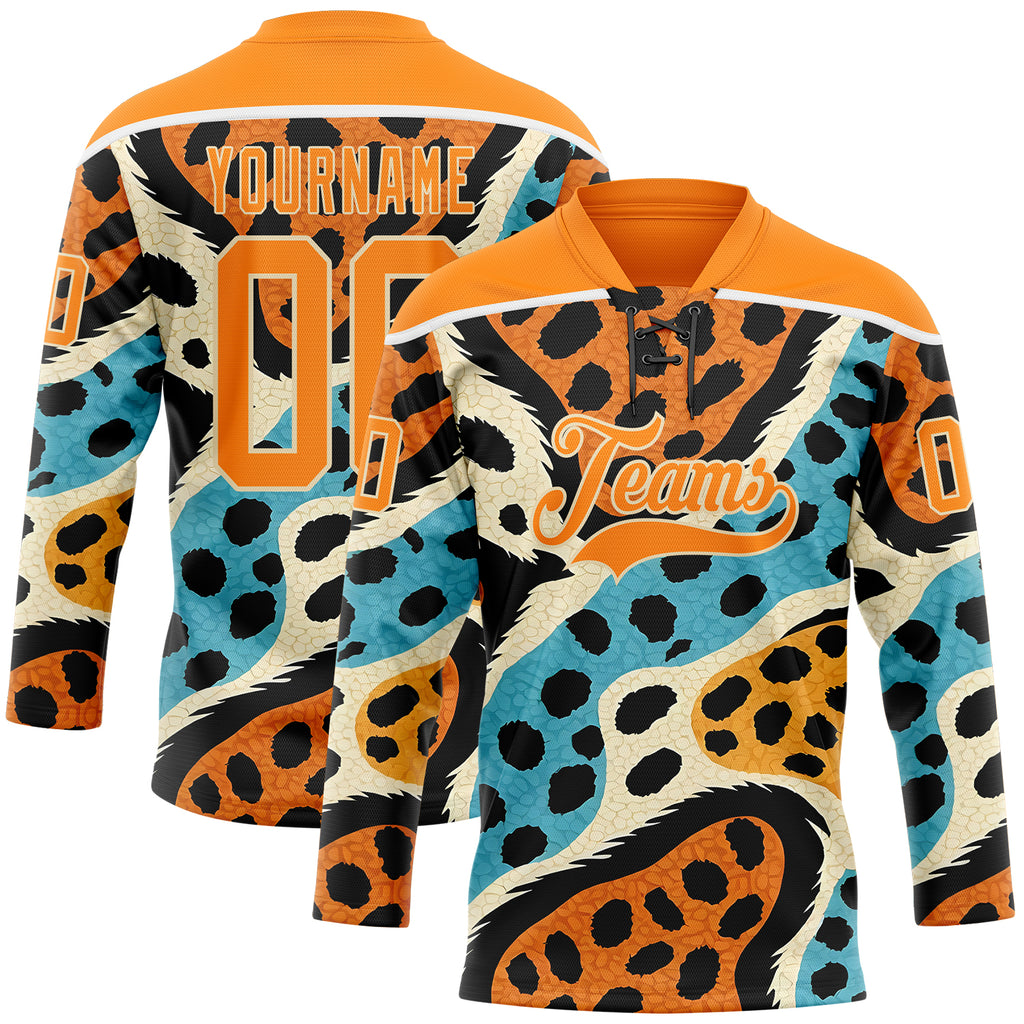 Custom Bay Orange Blue Black-Cream 3D Pattern Animal Print Hockey Lace Neck Jersey