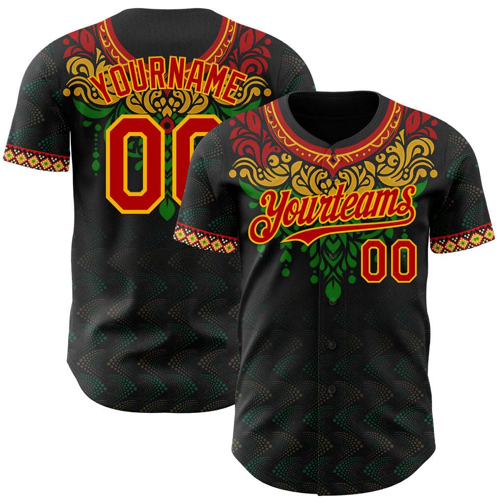Custom Black Red Gold-Green 3D Pattern Design Black History Month Africa Tribal Authentic Baseball Jersey