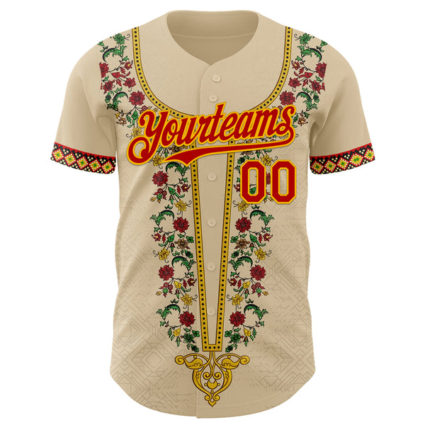 Custom City Cream Red Gold-Green 3D Pattern Design Black History Month Africa Tribal Authentic Baseball Jersey