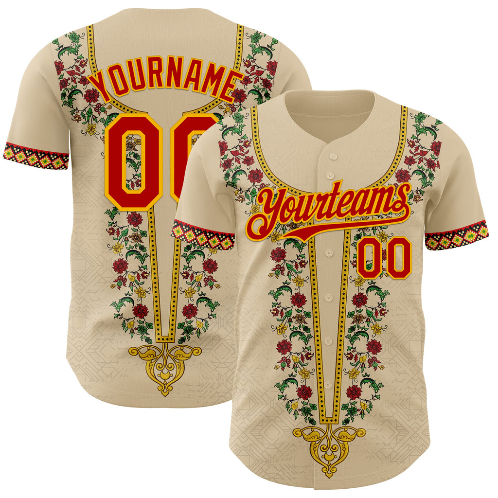 Custom City Cream Red Gold-Green 3D Pattern Design Black History Month Africa Tribal Authentic Baseball Jersey
