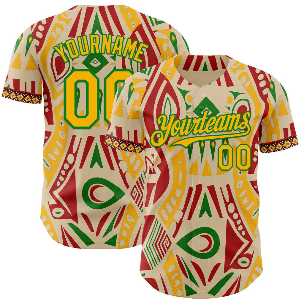 Custom City Cream Gold Red-Grass Green 3D Pattern Design Black History Month Africa Tribal Authentic Baseball Jersey