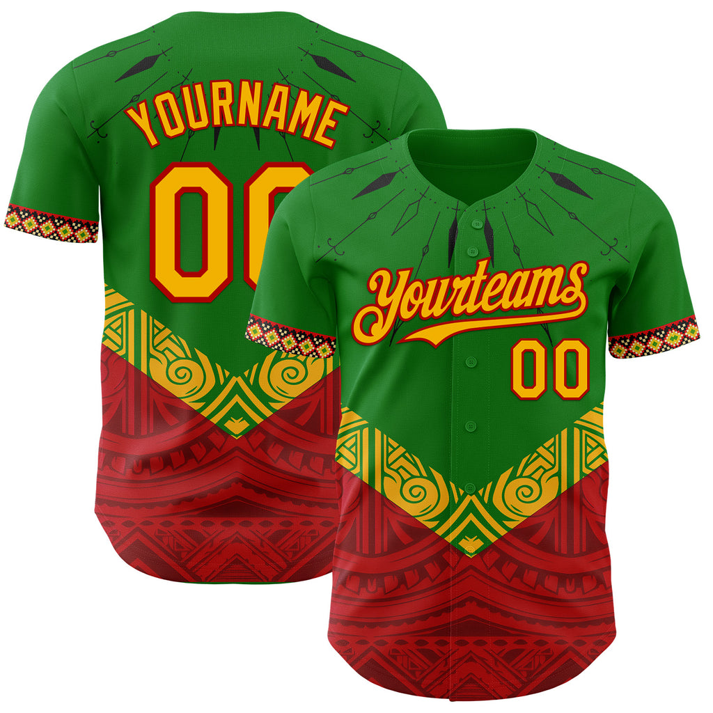 Custom Grass Green Gold Red-Black 3D Pattern Design Black History Month Africa Tribal Authentic Baseball Jersey