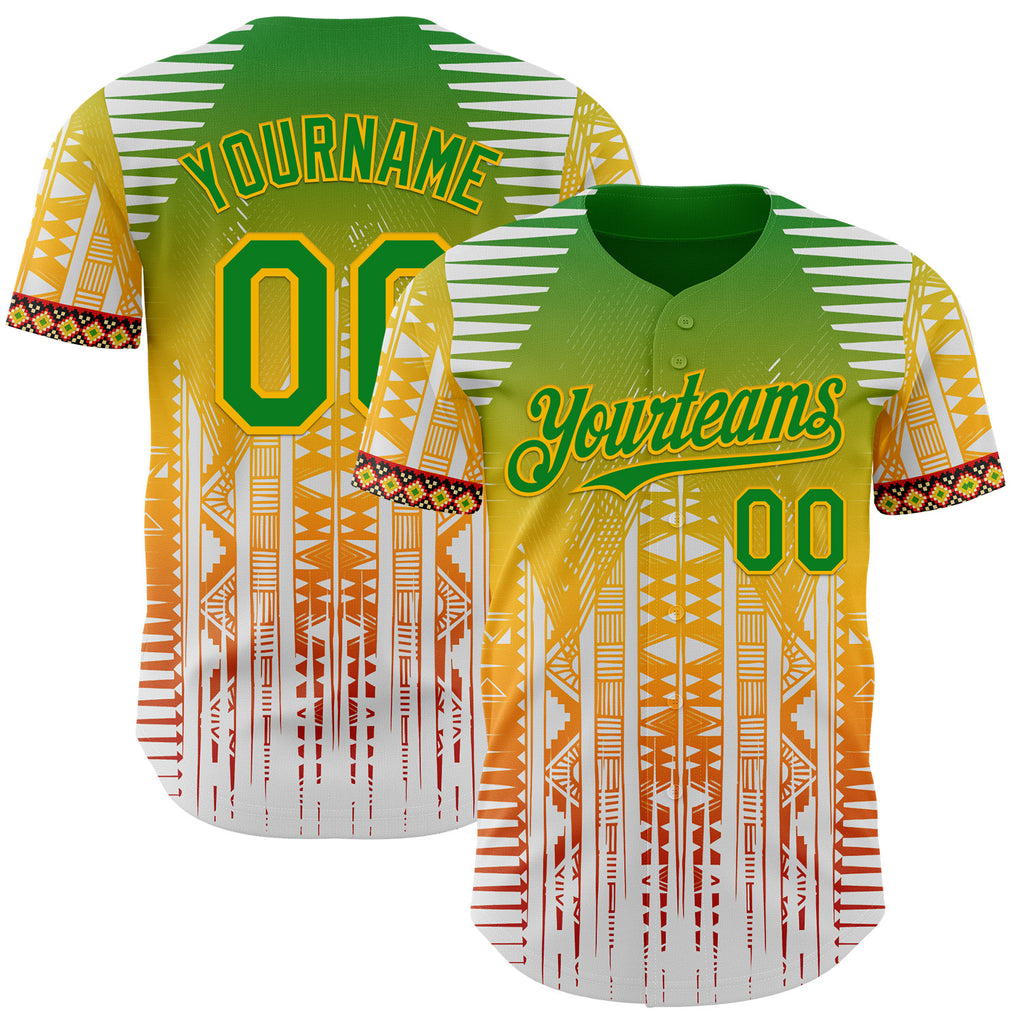 Custom White Grass Green Gold Red-Black 3D Pattern Design Black History Month Africa Tribal Authentic Baseball Jersey