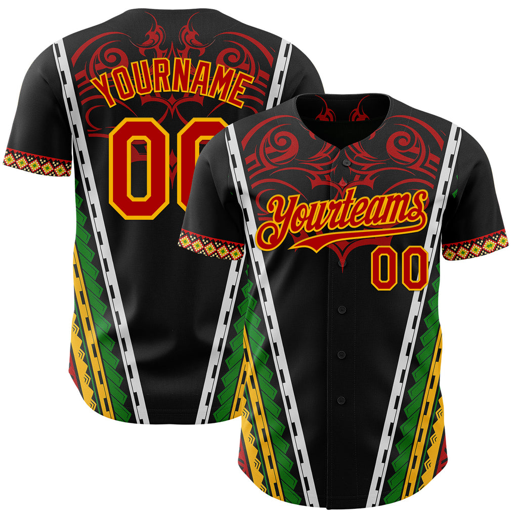 Custom Black Red Gold-Green 3D Pattern Design Black History Month Africa Tribal Authentic Baseball Jersey