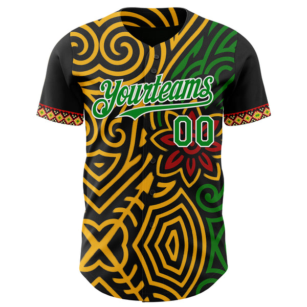 Custom Black Grass Green Gold Red-White 3D Pattern Design Black History Month Africa Tribal Authentic Baseball Jersey
