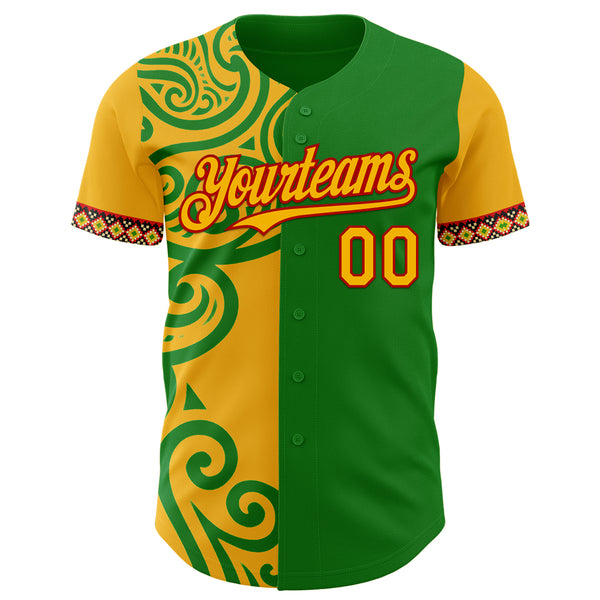 Custom Grass Green Gold Red-Black 3D Pattern Design Black History Month Africa Tribal Authentic Baseball Jersey