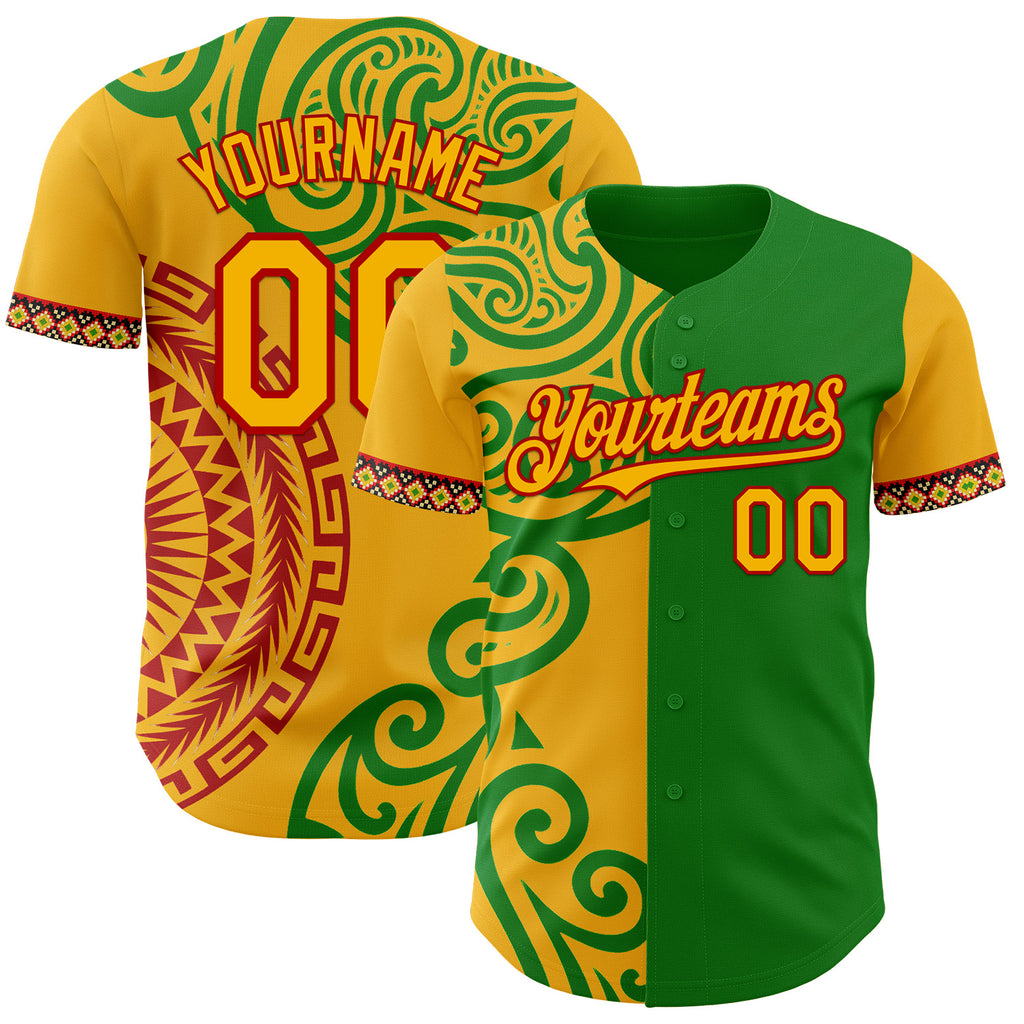 Custom Grass Green Gold Red-Black 3D Pattern Design Black History Month Africa Tribal Authentic Baseball Jersey