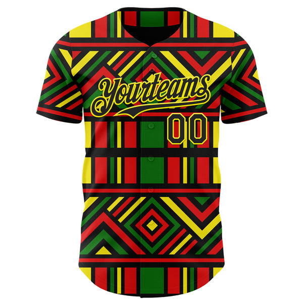 Custom Green Black Red-Light Yellow 3D Pattern Design Black History Month African Ethnicity Style Abstract Geometric Authentic Baseball Jersey