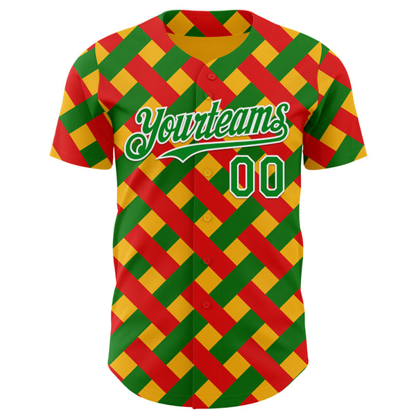 Custom Gold Grass Green Red-White 3D Pattern Design Black History Month African Ethnicity Style Abstract Geometric Authentic Baseball Jersey
