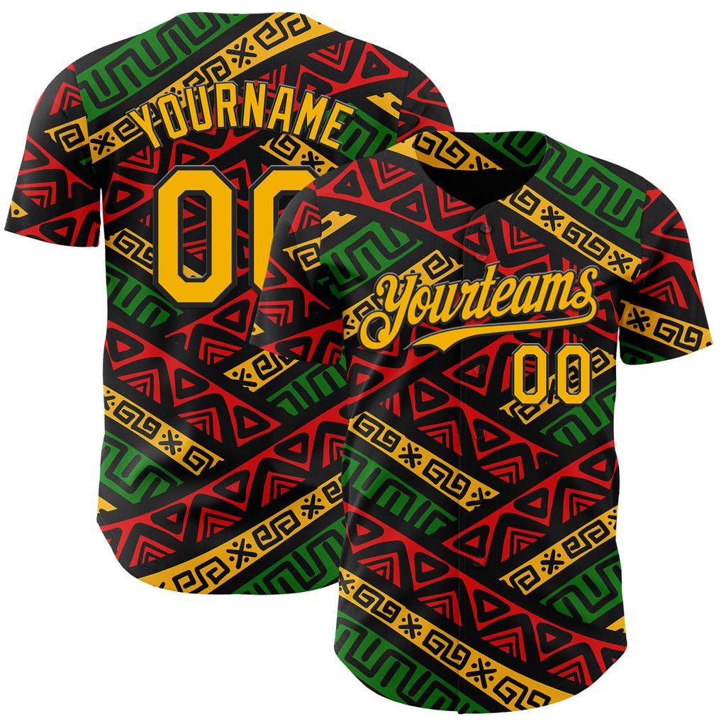 Custom Black Gold Red-Green 3D Pattern Design Black History Month African Ethnicity Style Abstract Geometric Authentic Baseball Jersey