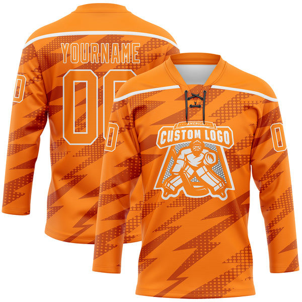 Custom Bay Orange White 3D Pattern Lightning Hockey Lace Neck Jersey
