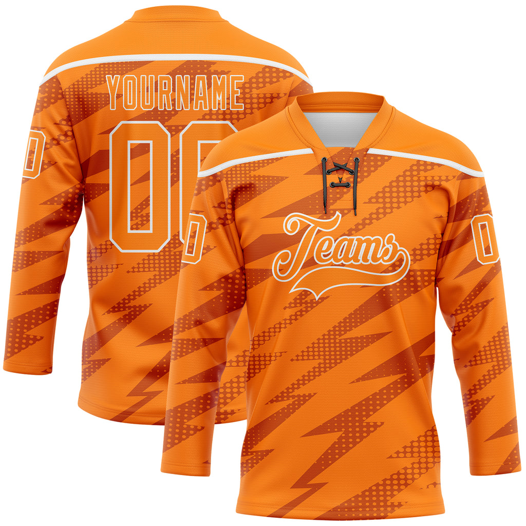 Custom Bay Orange White 3D Pattern Lightning Hockey Lace Neck Jersey
