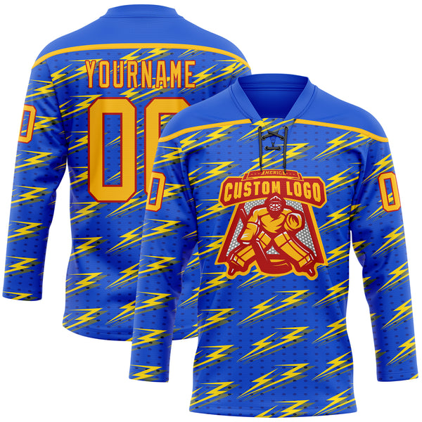 Custom Thunder Blue Gold-Red 3D Pattern Lightning Hockey Lace Neck Jersey
