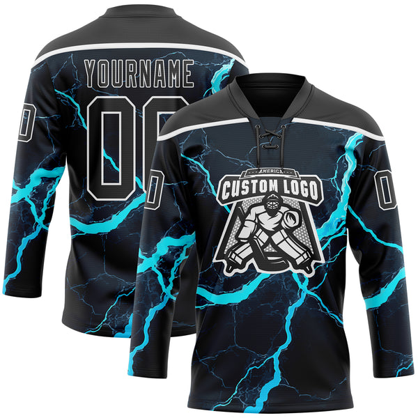 Custom Black Blue-White 3D Pattern Lightning Hockey Lace Neck Jersey