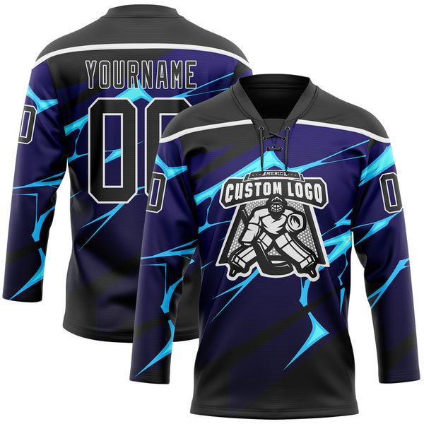 Custom Black Blue-White 3D Pattern Lightning Hockey Lace Neck Jersey