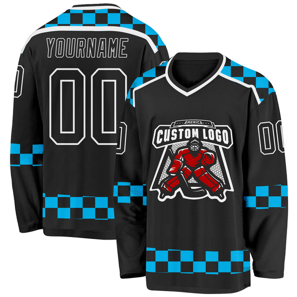 Custom Black Blue-White 3D Pattern Plaid Hockey Jersey