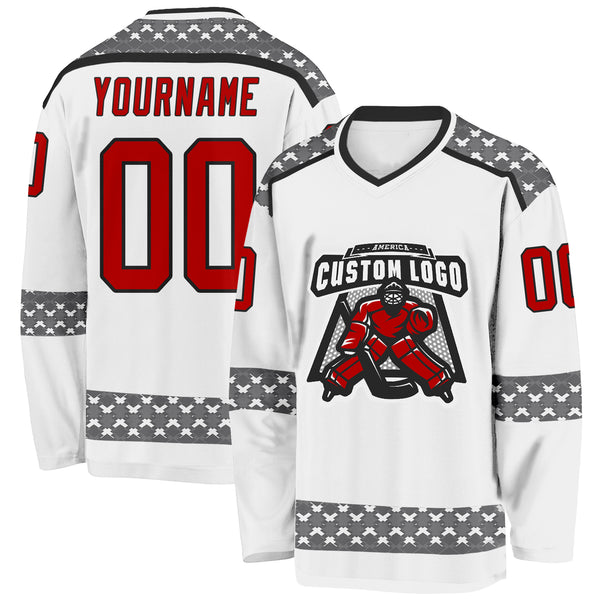 Custom White Red Gray-Black 3D Pattern Plaid Hockey Jersey