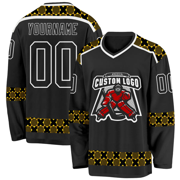 Custom Black Yellow-White 3D Pattern Plaid Hockey Jersey