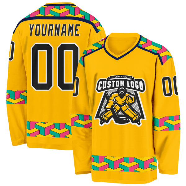 Custom Gold Black Navy Aqua Pink-White 3D Pattern Plaid Hockey Jersey
