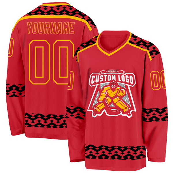Custom Red Black-Gold 3D Pattern Plaid Hockey Jersey