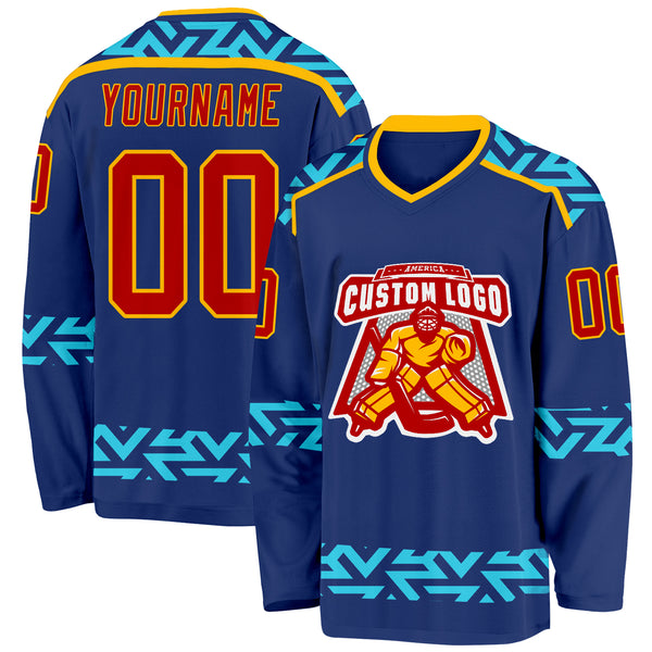 Custom Royal Red Blue-Gold 3D Pattern Plaid Hockey Jersey