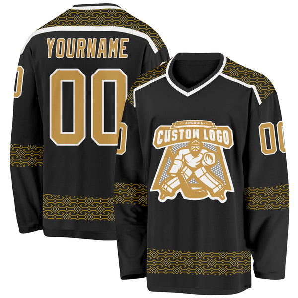 Custom Black Old Gold-White 3D Pattern Plaid Hockey Jersey