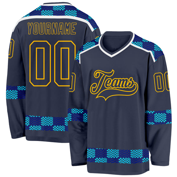 Custom Navy Blue Gold-White 3D Pattern Plaid Hockey Jersey