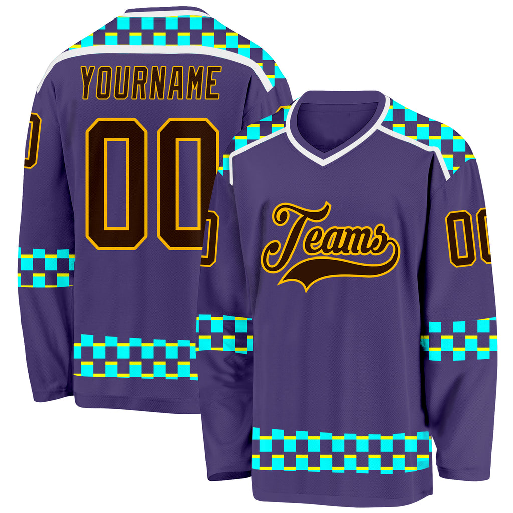 Custom Purple Brown Gold Blue Light Yellow-White 3D Pattern Plaid Hockey Jersey