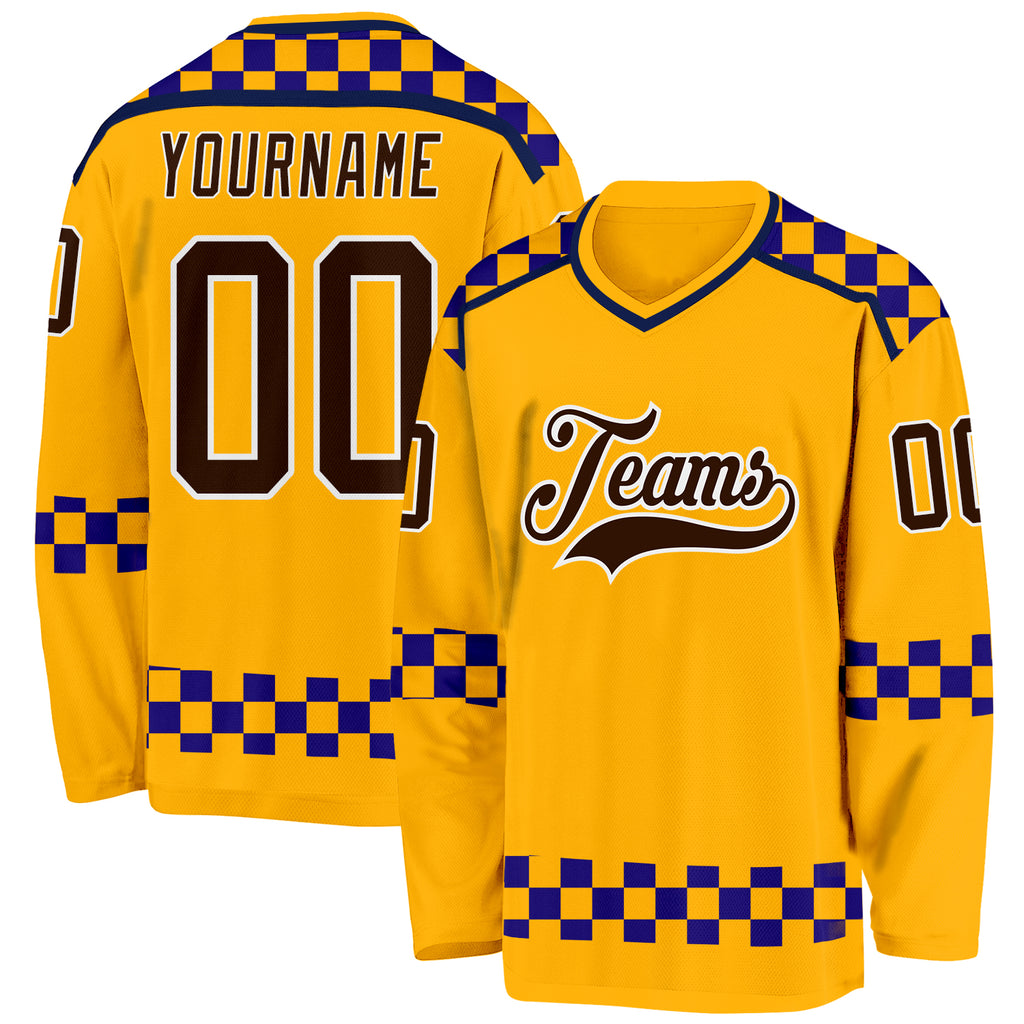 Custom Gold Brown Purple Navy-White 3D Pattern Plaid Hockey Jersey