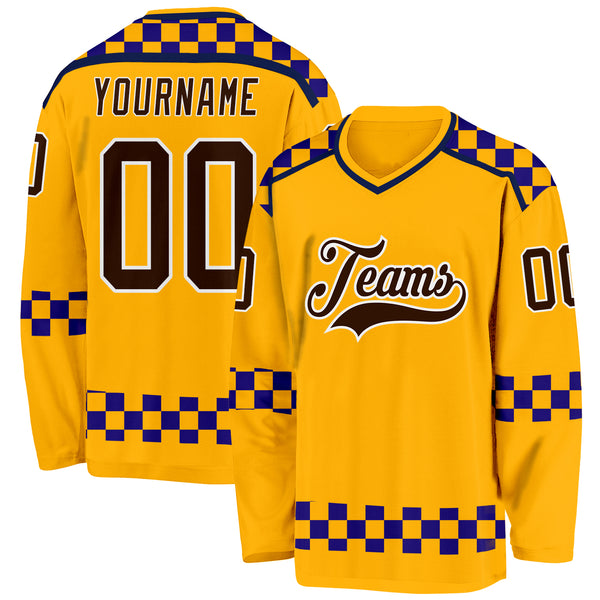Custom Gold Brown Purple Navy-White 3D Pattern Plaid Hockey Jersey