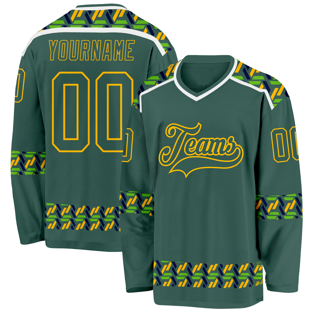 Custom Green Gold-White 3D Pattern Plaid Hockey Jersey