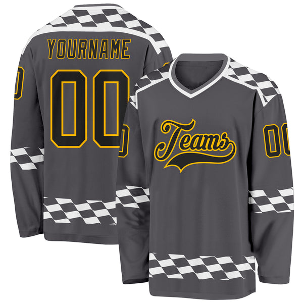 Custom Steel Gray Black Gold-White 3D Pattern Plaid Hockey Jersey