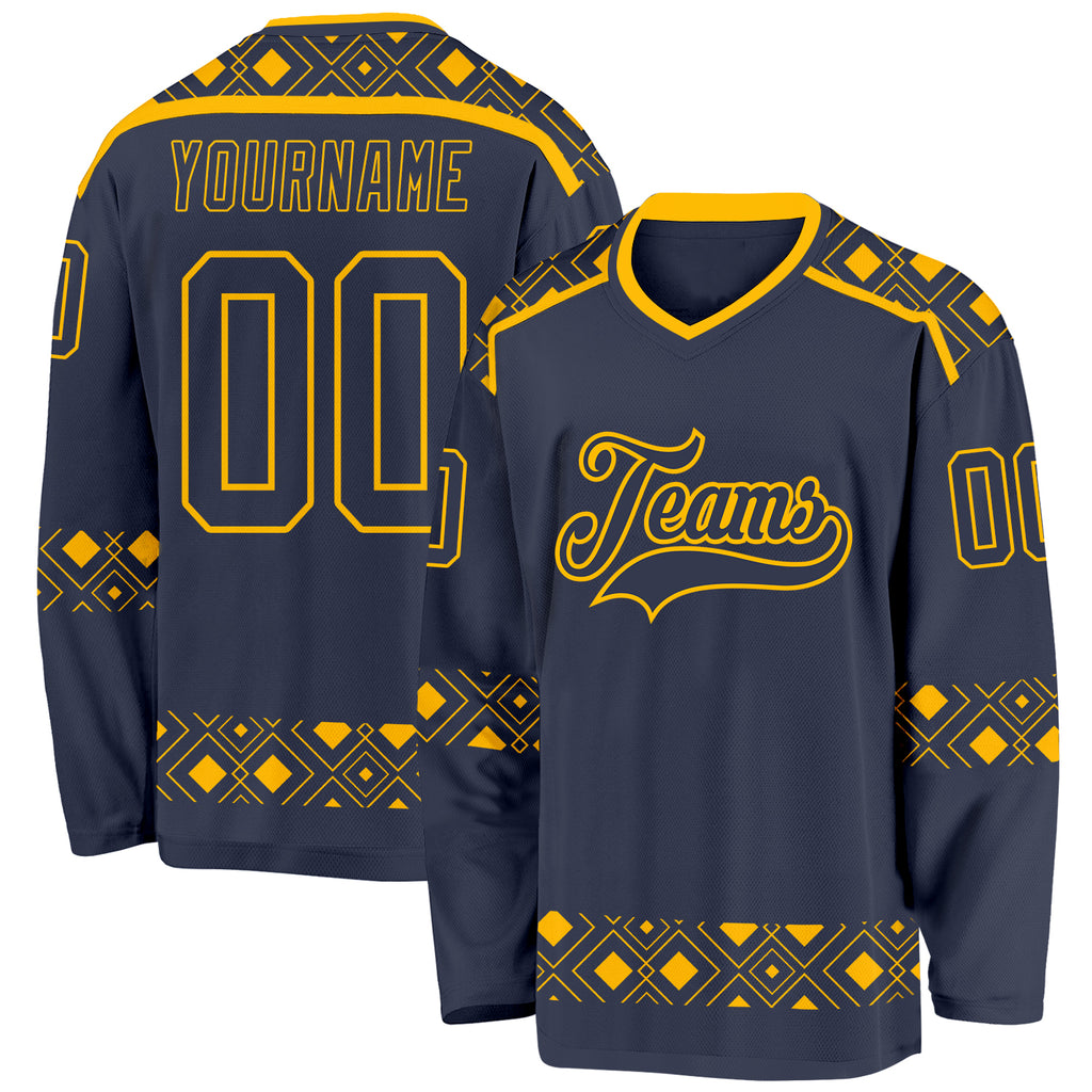 Custom Navy Gold 3D Pattern Plaid Hockey Jersey