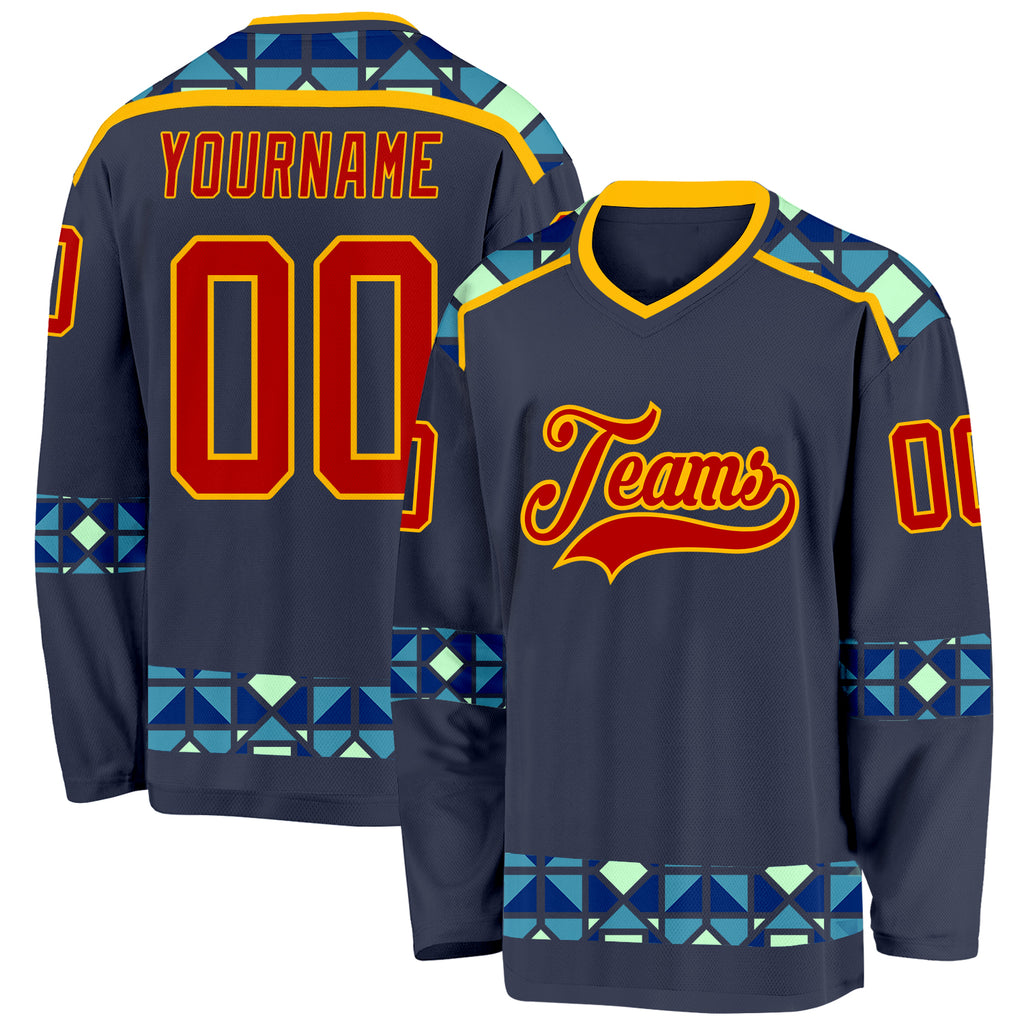 Custom Navy Red Blue Pea Green-Gold 3D Pattern Plaid Hockey Jersey