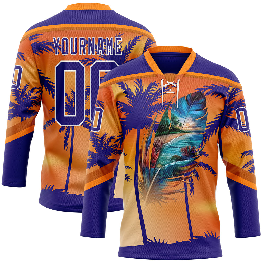 Custom Dark Purple Orange-White 3D Pattern Gradient Hawaii Tropical Palm Trees Hockey Lace Neck Jersey