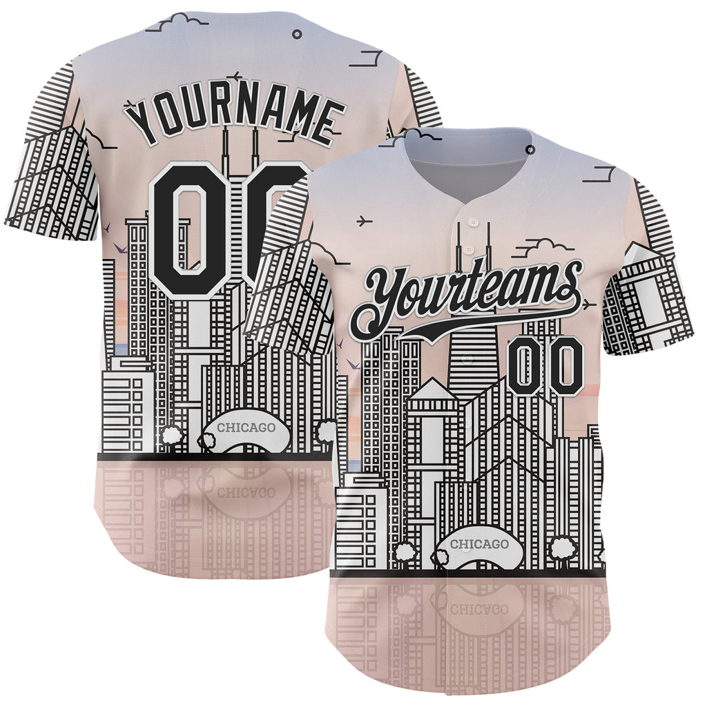 Custom Pink Black-White Chicago Illinois Cityscape Landmark City Symbol Authentic Baseball Jersey